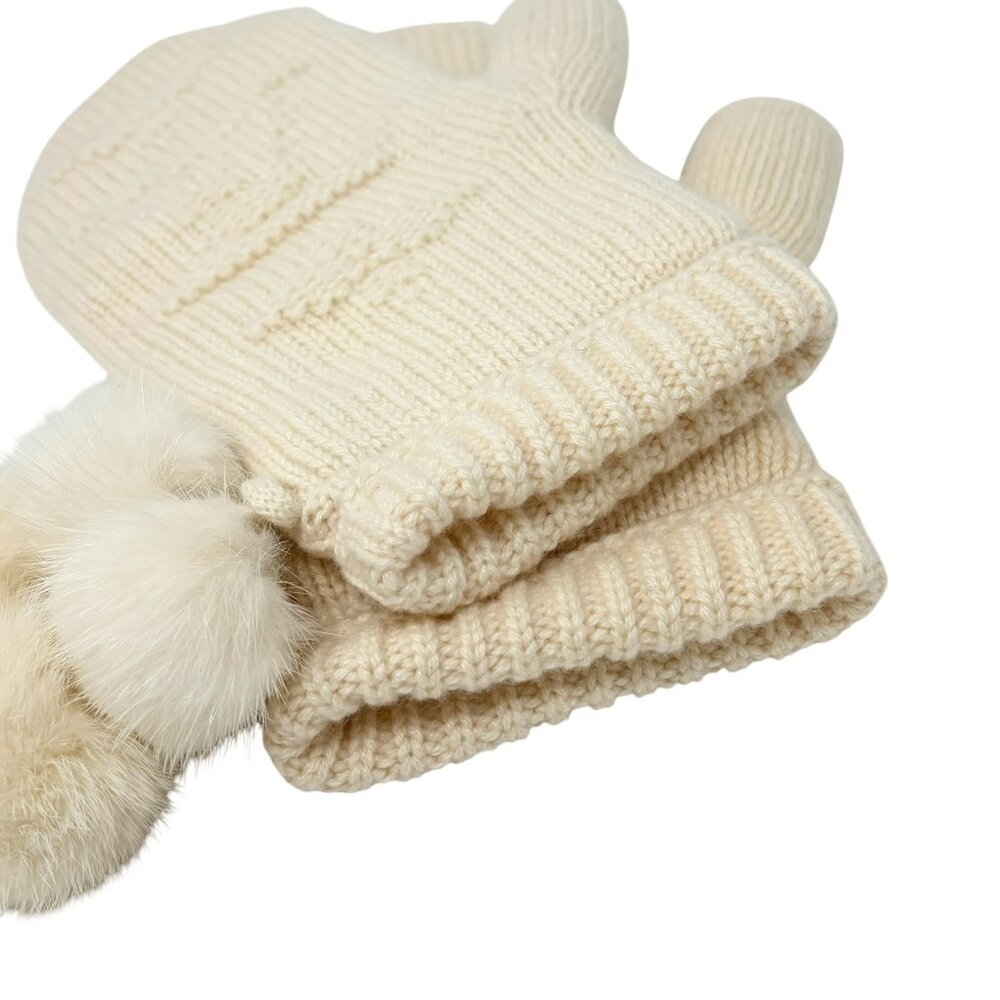 LOUIS VUITTON Vintage LV Logo Knit Gloves Mink Pompons  Cream Cashmere [103888] - Picture 8 of 10